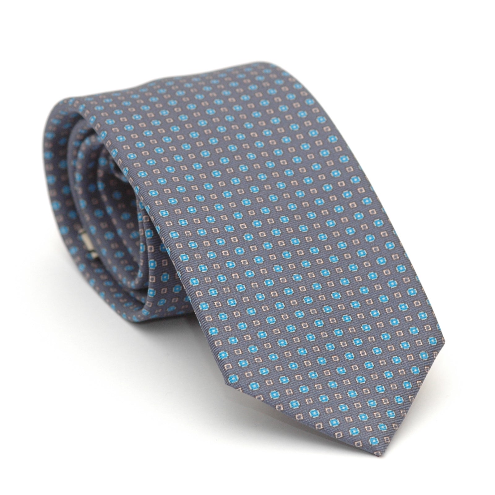 Cravate 100% Soie FOGGIA Beige Avec Motifs Géométriques Bleus - Longueur 62 Cm, Occasion